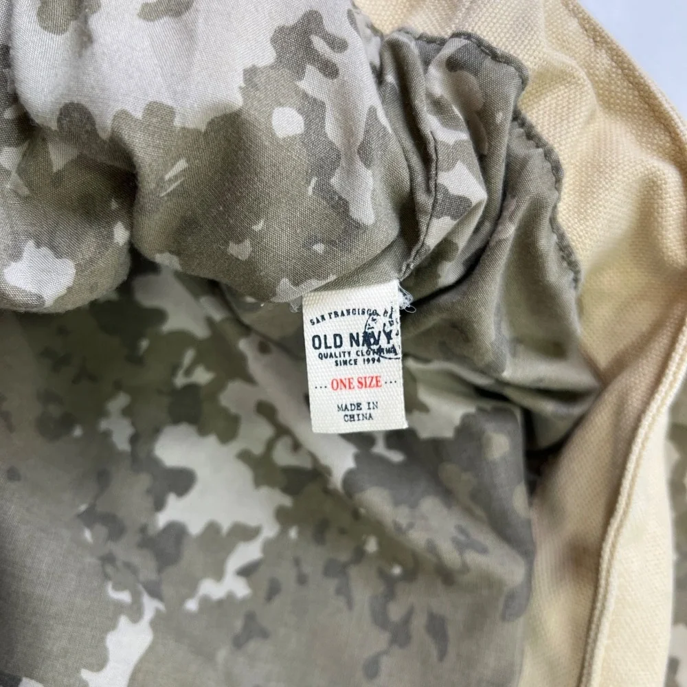 Old Navy Beige Canvas Messenger Bag Camo Lining Leather Tabs Distressed Adjustbl